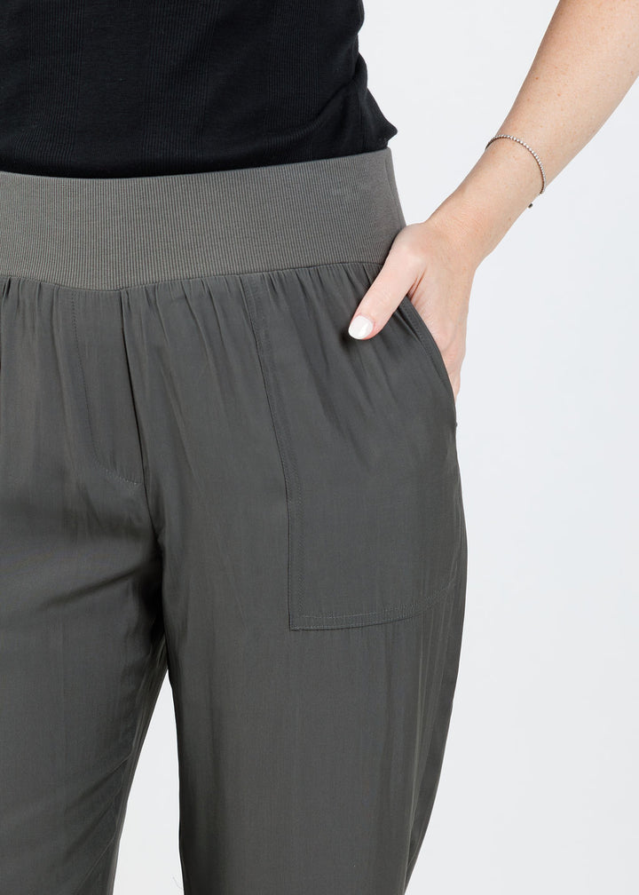 Lola & Sophie D Satin Crop Pants in Dark Olive available at Barbara Katz