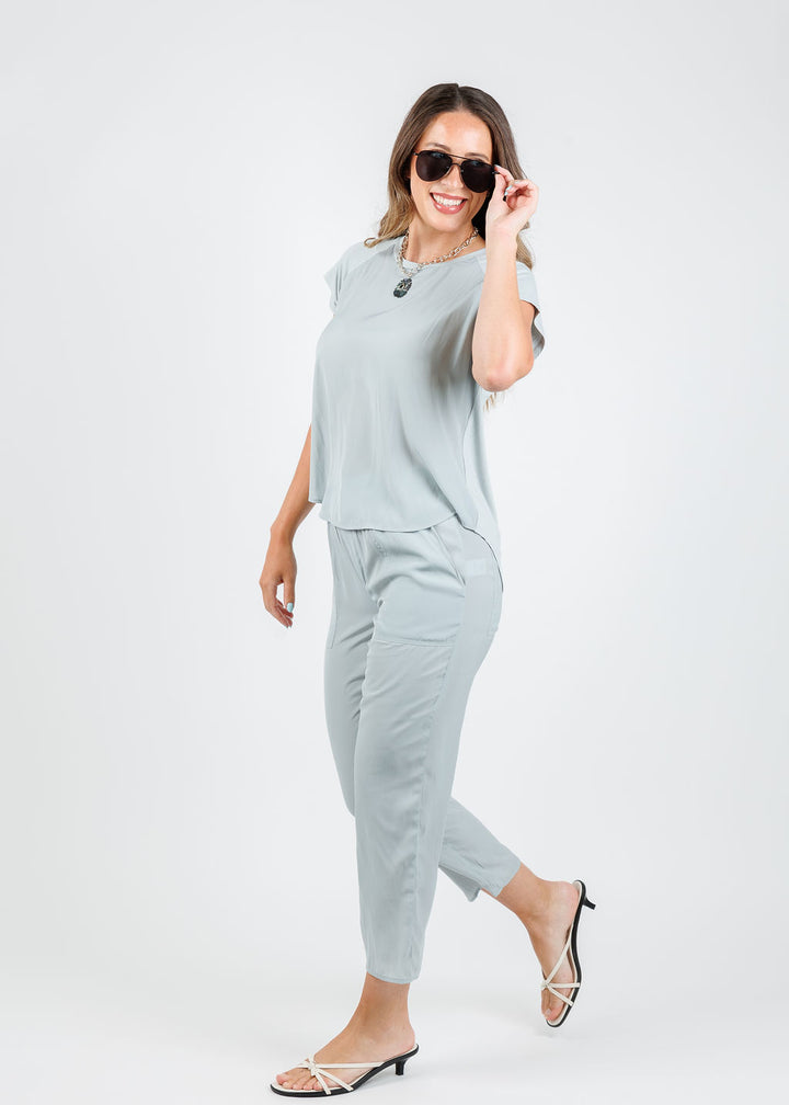 Lola & Sophie Alondra Cap Sleeve Tee in Mineral paired with matching D Satin Crop Pants in Mineral available at Barbara Katz