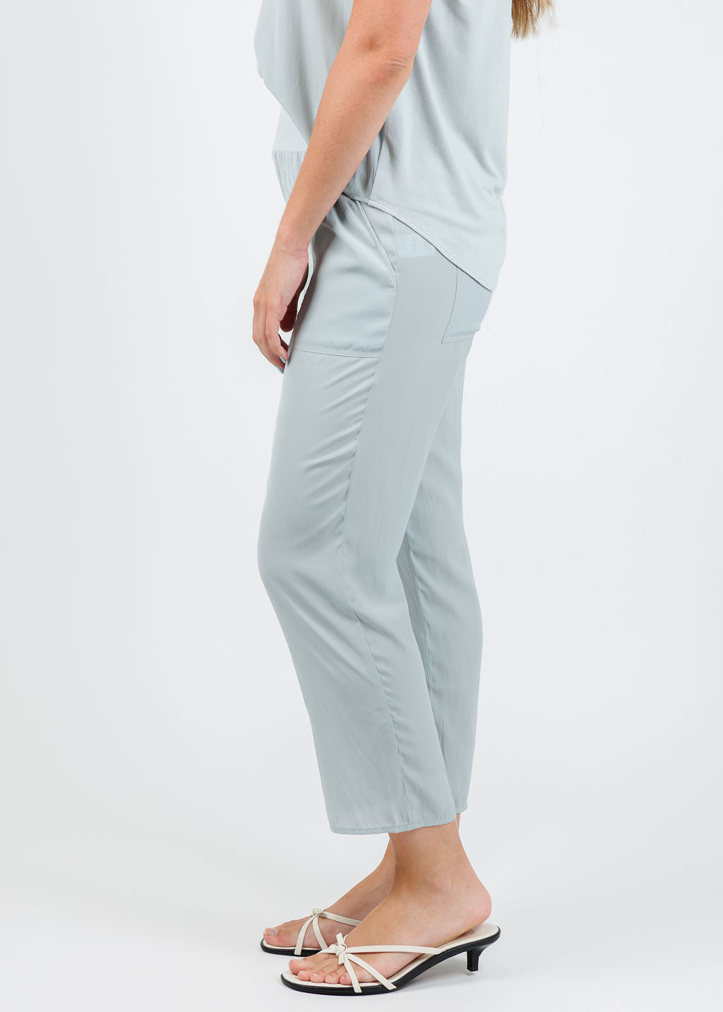 Lola & Sophie D Satin Crop Pants in Mineral available at Barbara Katz