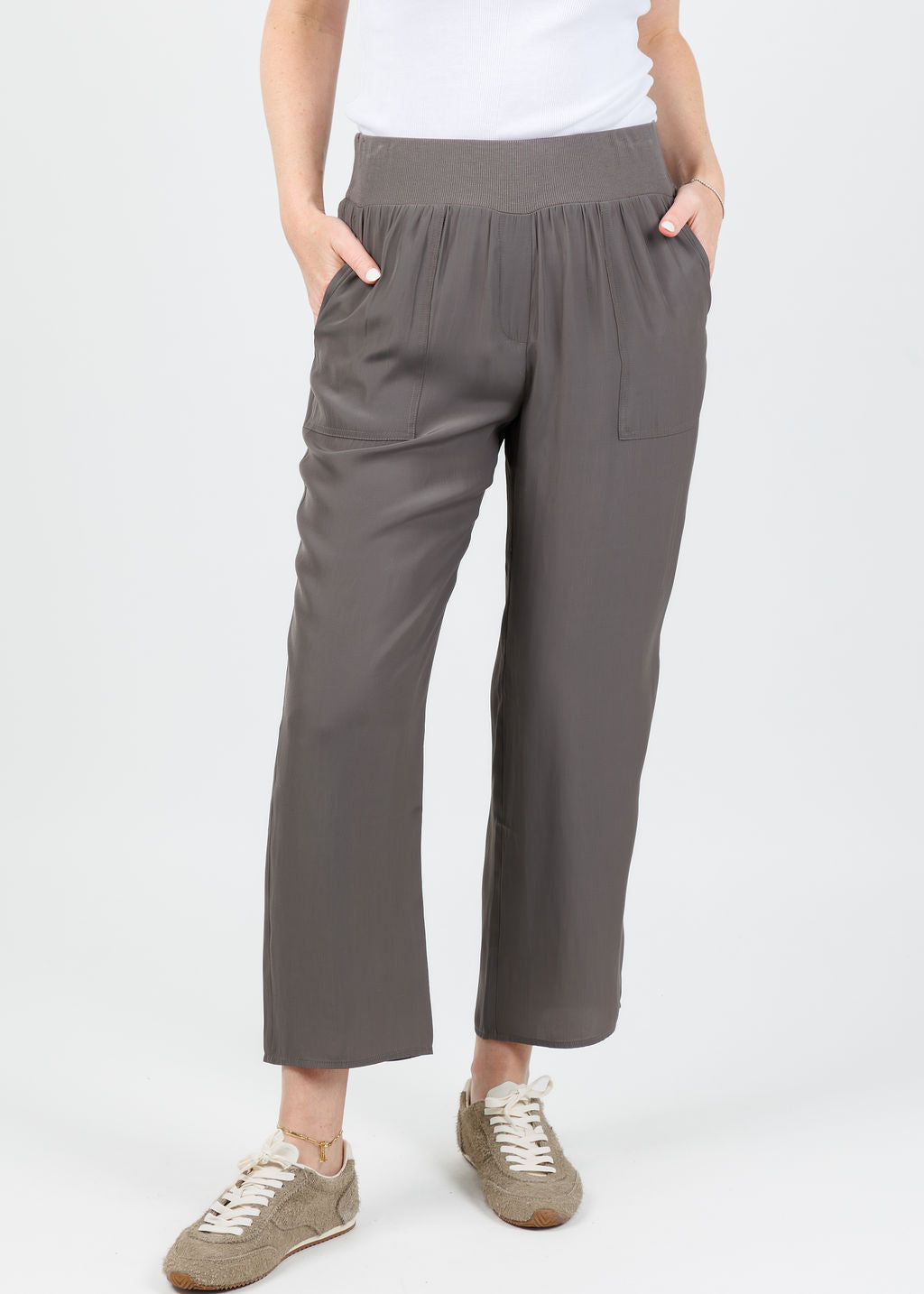 Lola & Sophie D Satin Crop Pants in Steel available at Barbara Katz