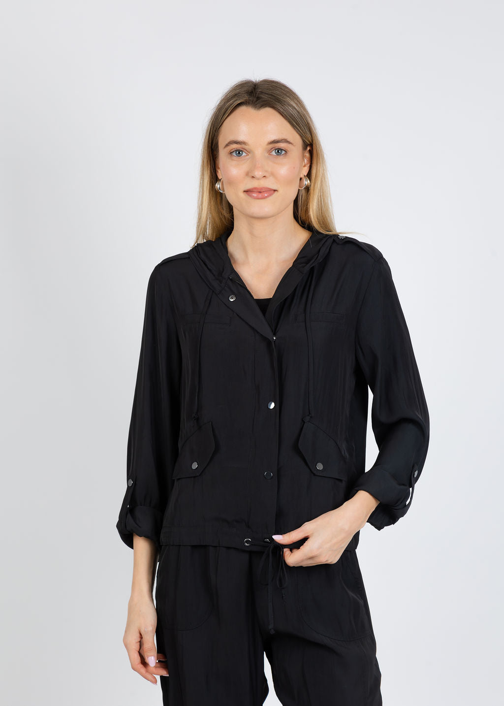 Lola & Sophie D Satin Pocket Jacket in Black available at Barbara Katz