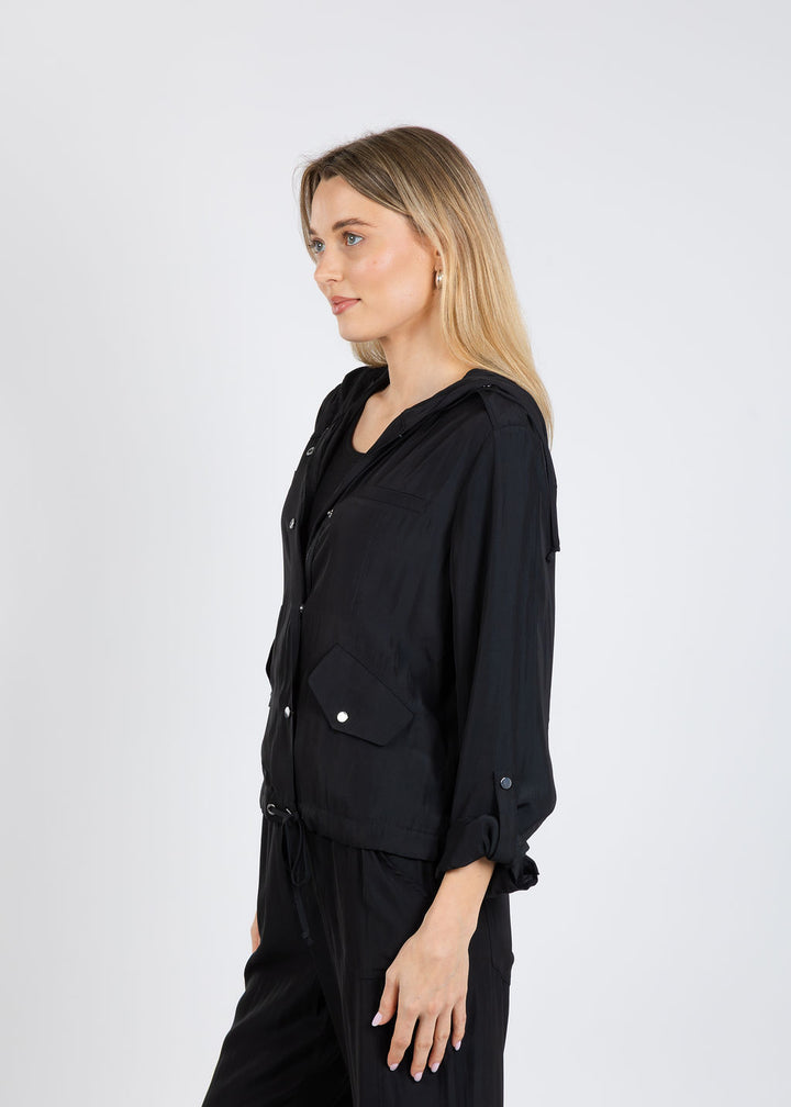 Lola & SophieD Satin Pocket Jacket in Black available at Barbara Katz