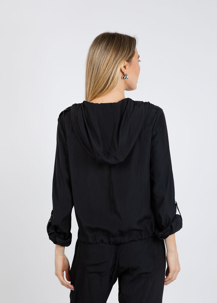 Lola & Sophie D Satin Pocket Jacket in Black available at Barbara Katz