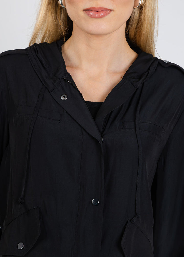 Lola & Sophie D Satin Pocket Jacket in Black available at Barbara Katz