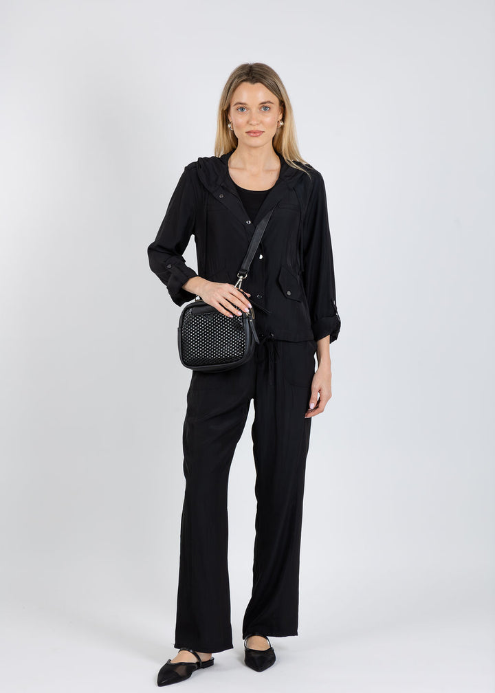 Lola & SophieD Satin Pocket Jacket & D Satin Pants in Black available at Barbara Katz