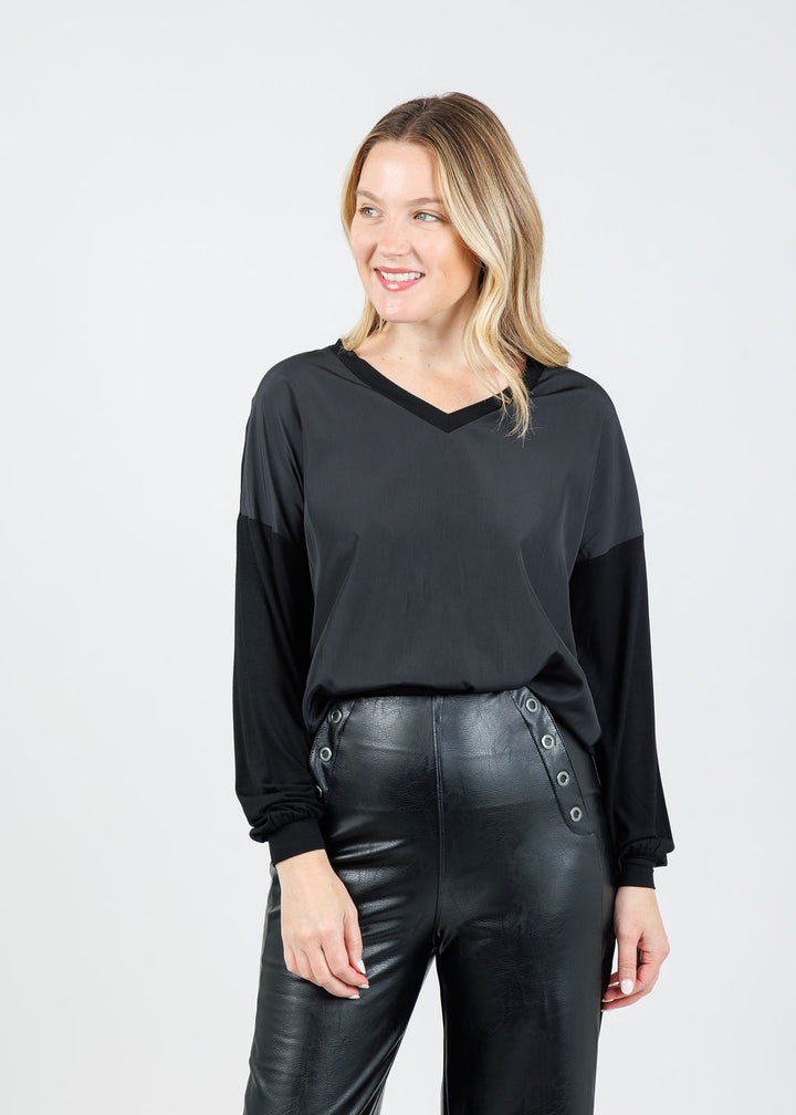 Lola & Sophie Dixie Satin V Neck Top in Black available at Barbara Katz