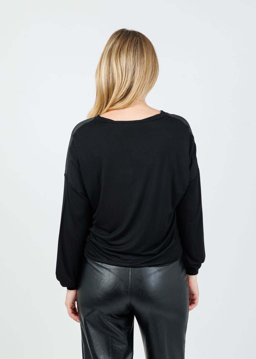 Lola & Sophie Dixie Satin V Neck Top in Black available at Barbara Katz