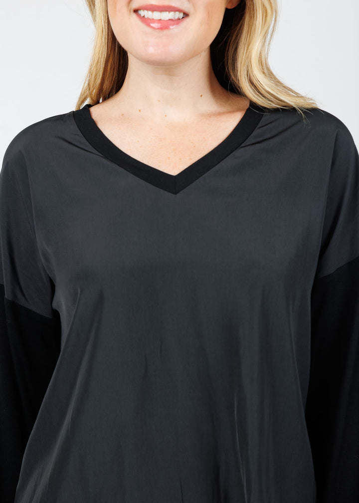 Lola & Sophie Dixie Satin V Neck Top in Black available at Barbara Katz