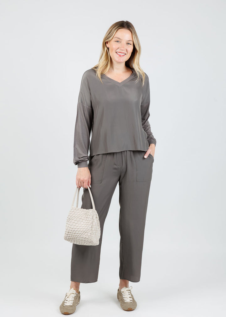 Lola & Sophie Dixie Satin V Neck Top in Steel paired with matching D Satin Crop Pants in Steel available at Barbara Katz