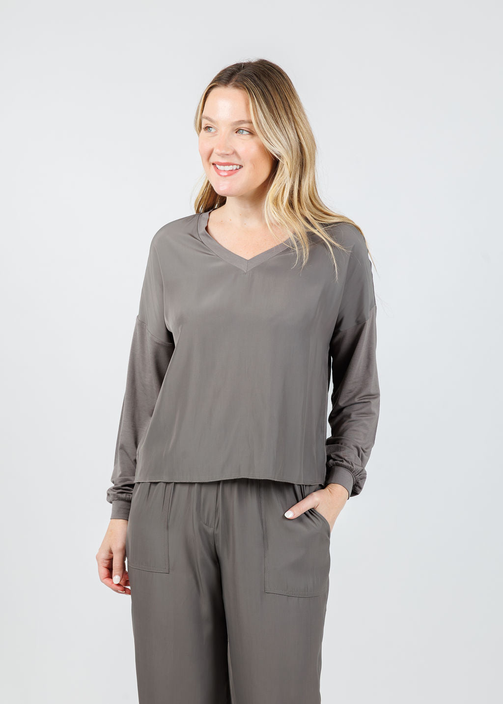 Lola & Sophie Dixie Satin V Neck Top in Steel available at Barbara Katz