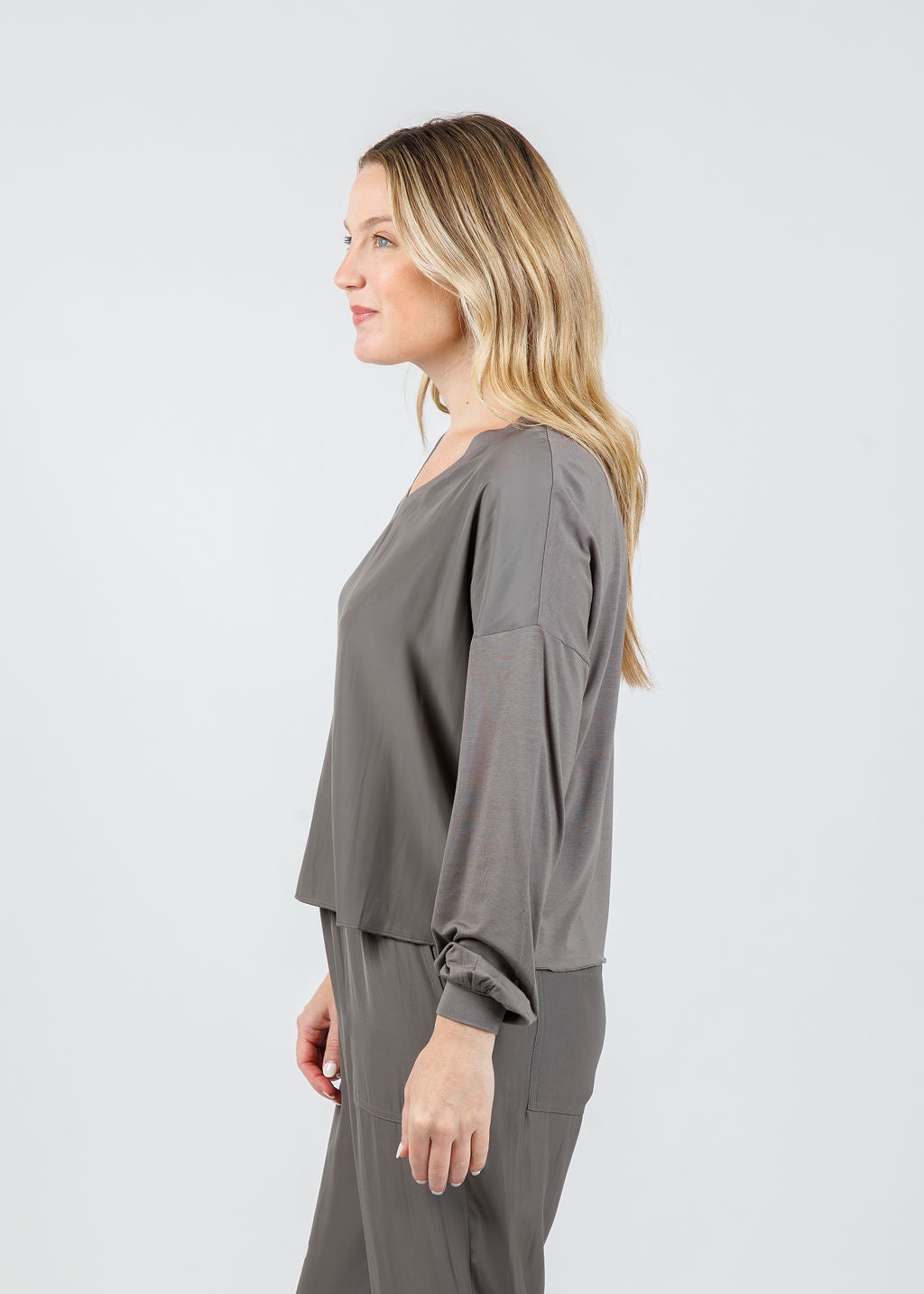 Lola & Sophie Dixie Satin V Neck Top in Steel available at Barbara Katz