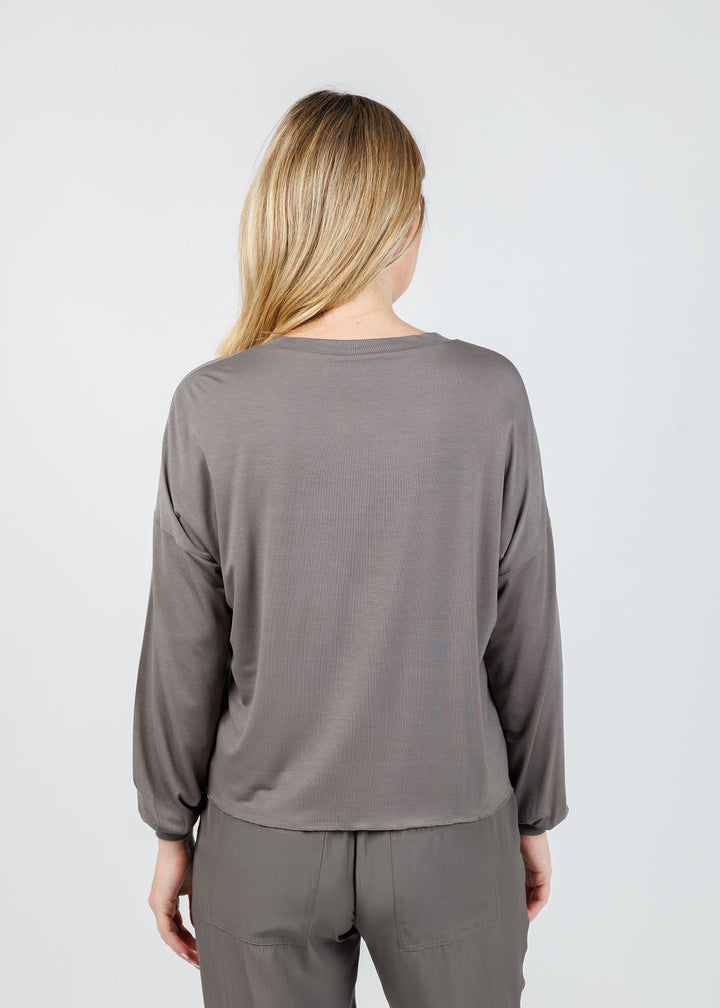 Lola & Sophie Dixie Satin V Neck Top in Steel available at Barbara Katz