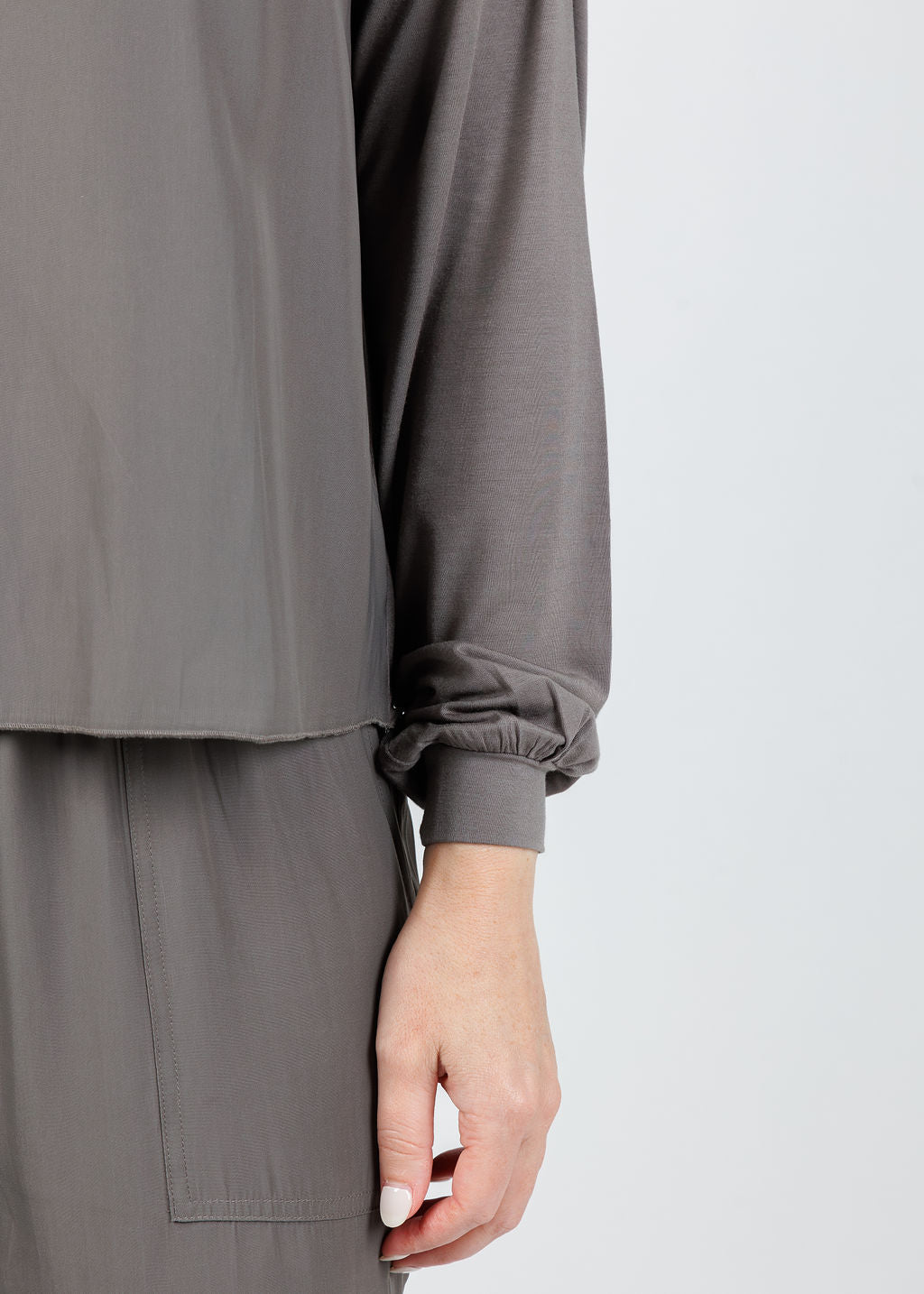 Lola & Sophie Dixie Satin V Neck Top in Steel available at Barbara Katz