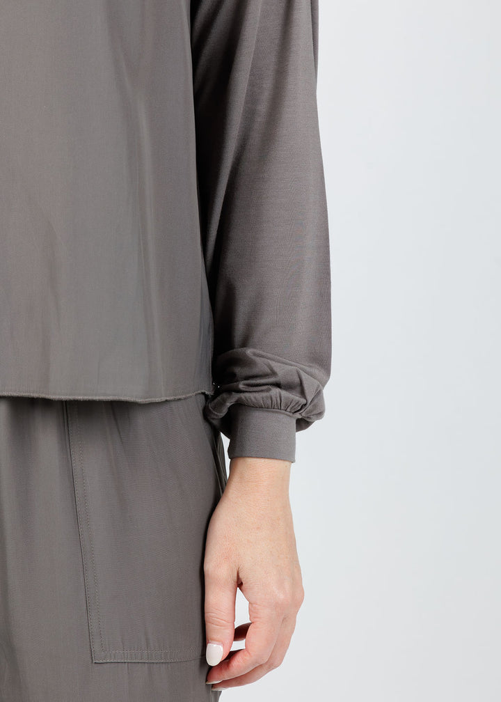 Lola & Sophie Dixie Satin V Neck Top in Steel available at Barbara Katz