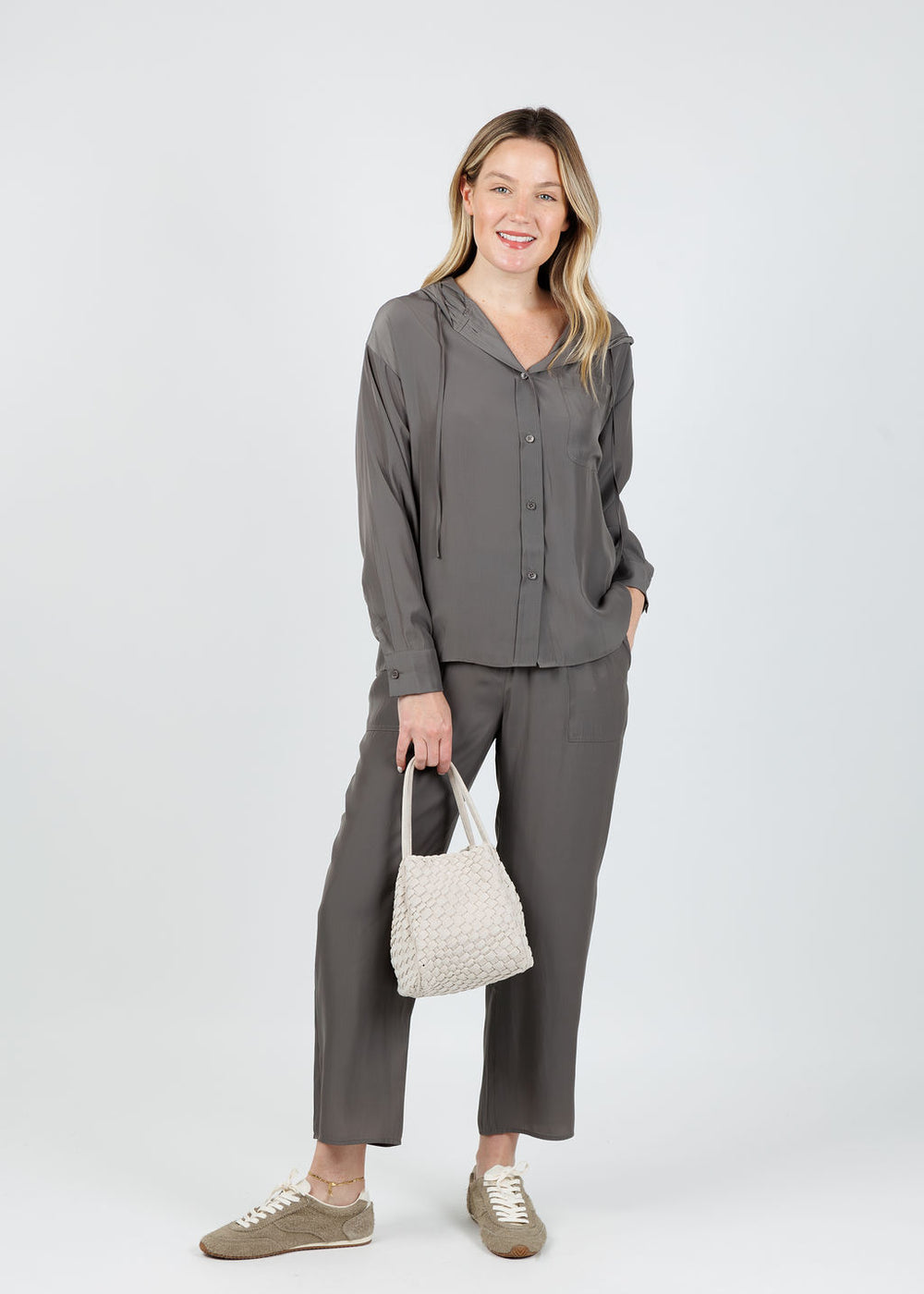 Lola & Sophie Emily Hooded Blouse in Steel paired with matching D Satin Crop Pants in Steel available at Barbara Katz