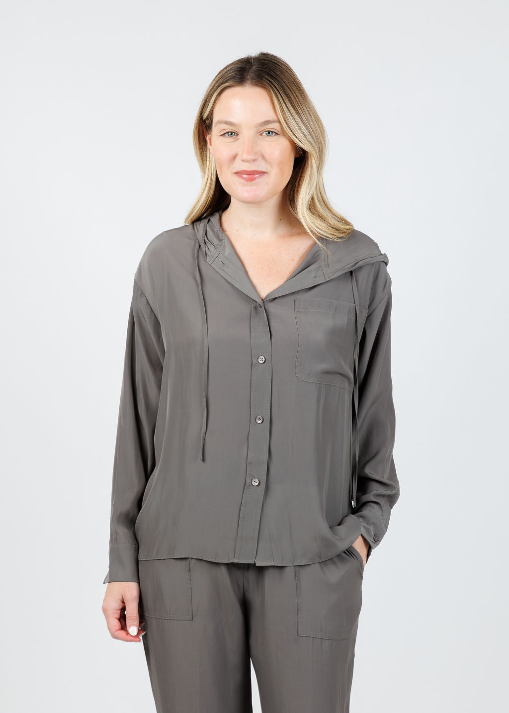 Lola & Sophie Emily Hooded Blouse in Steel available at Barbara Katz