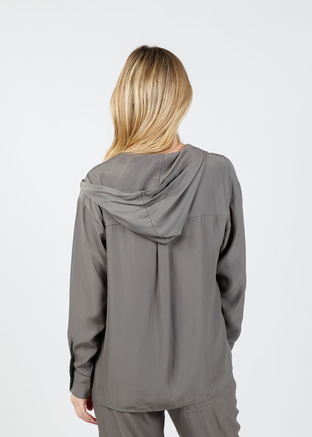 Lola & Sophie Emily Hooded Blouse in Steel available at Barbara Katz