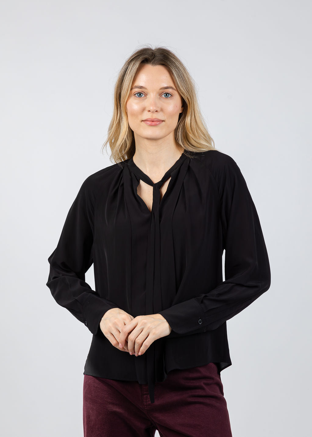Lola & Sophie Fifi Split Neck Blouse in Black available at Barbara Katz