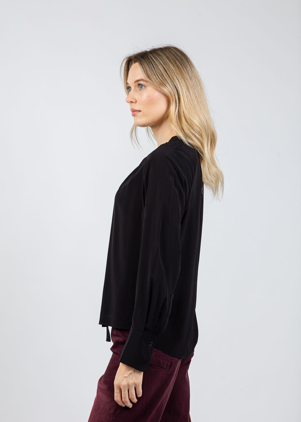 Lola & Sophie Fifi Split Neck Blouse in Black available at Barbara Katz