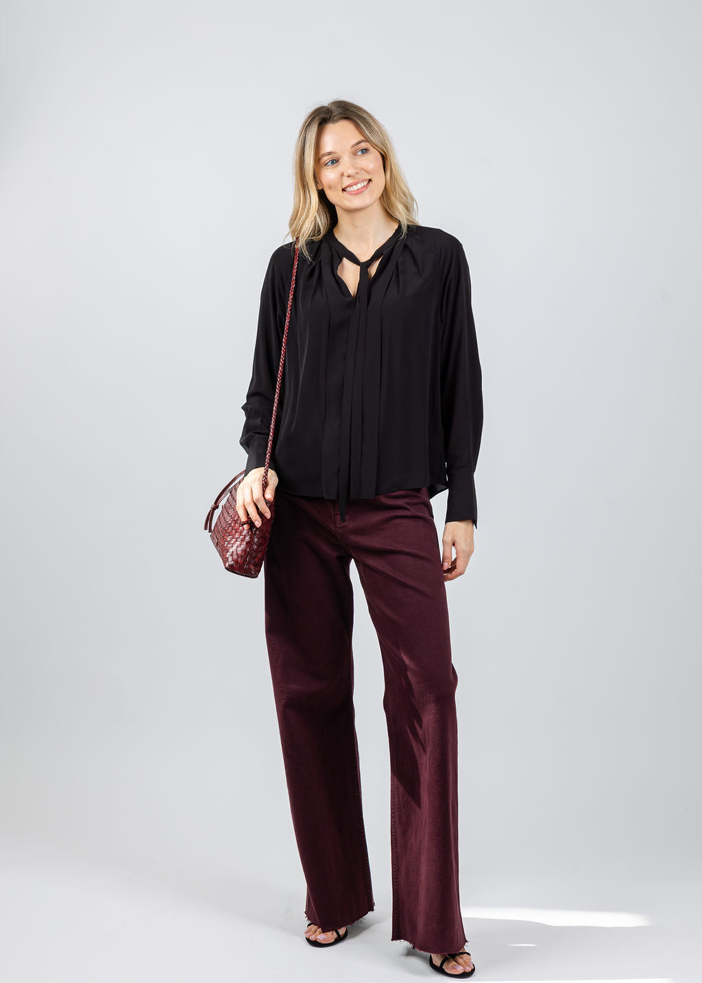 Lola & Sophie Fifi Split Neck Blouse in Black available at Barbara Katz