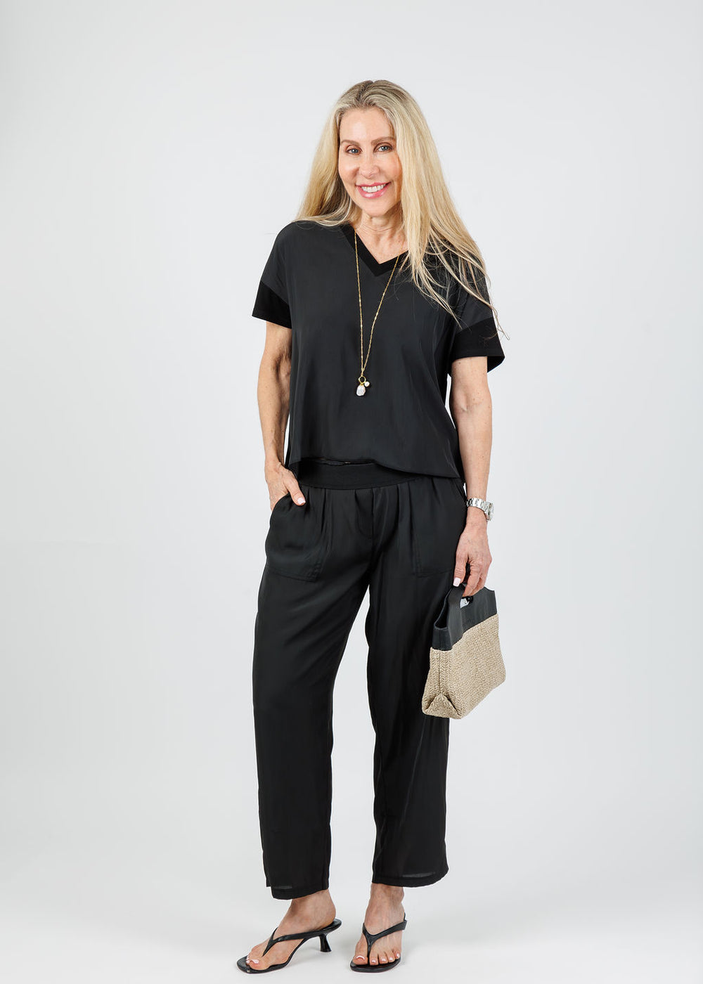 Lola & Sophie Grace V-Neck Hybrid Tee in Black paired with D-Satin Cropped Jogger in Black available at Barbara Katz
