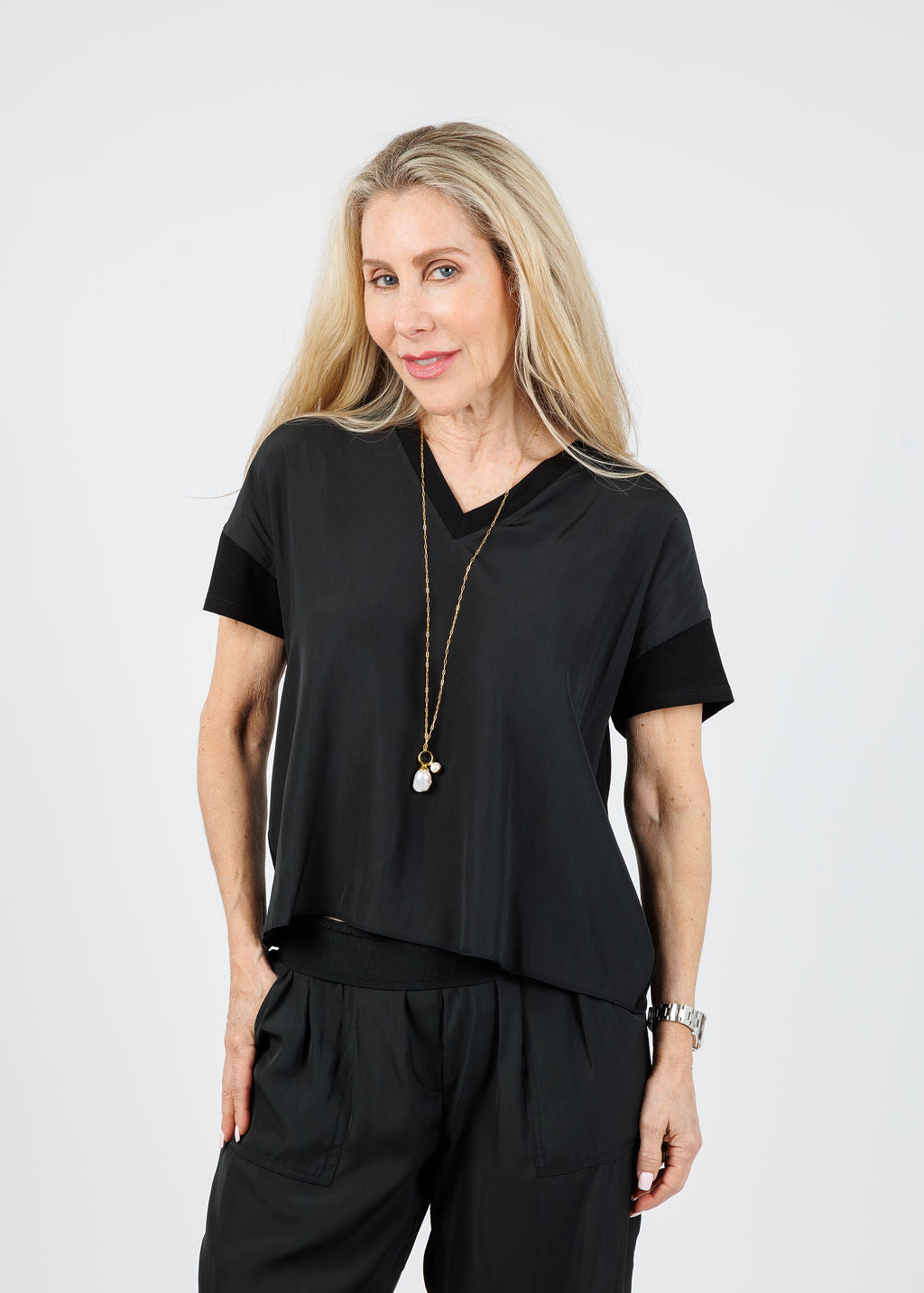 Lola & Sophie Grace V-Neck Hybrid Tee in Black available at Barbara Katz