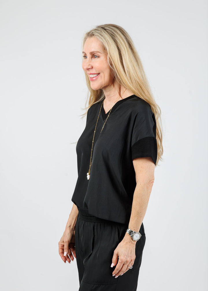 Lola & Sophie Grace V-Neck Hybrid Tee in Black available at Barbara Katz