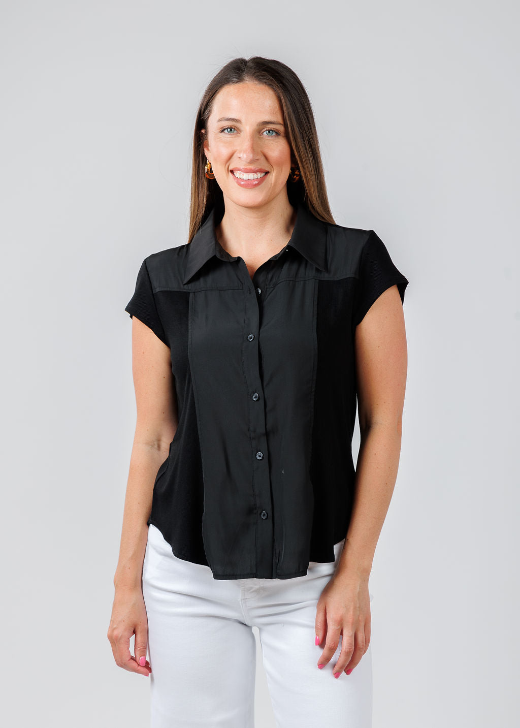 Lola & Sophie Hybrid Cap Sleeve Shirt in Black available at Barbara Katz