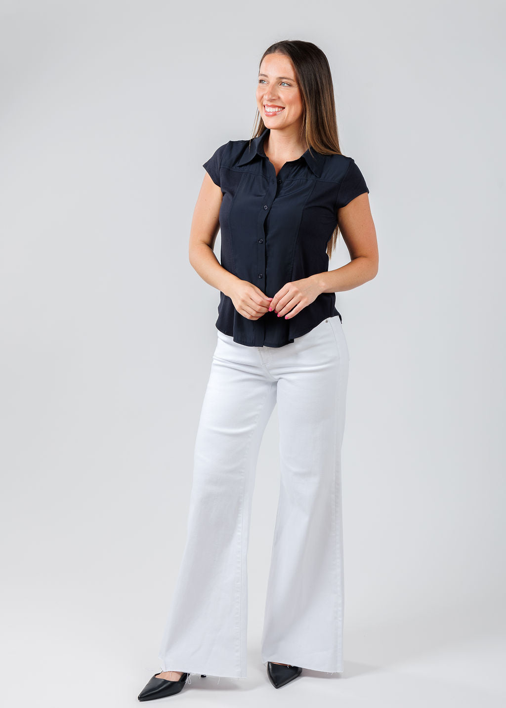 Lola & Sophie Hybrid Cap Sleeve Shirt in Nightwatch paired with Pistola Denim Izzy Mid Rise Wide Leg Crop Jeans in Vivid White available at Barbara Katz