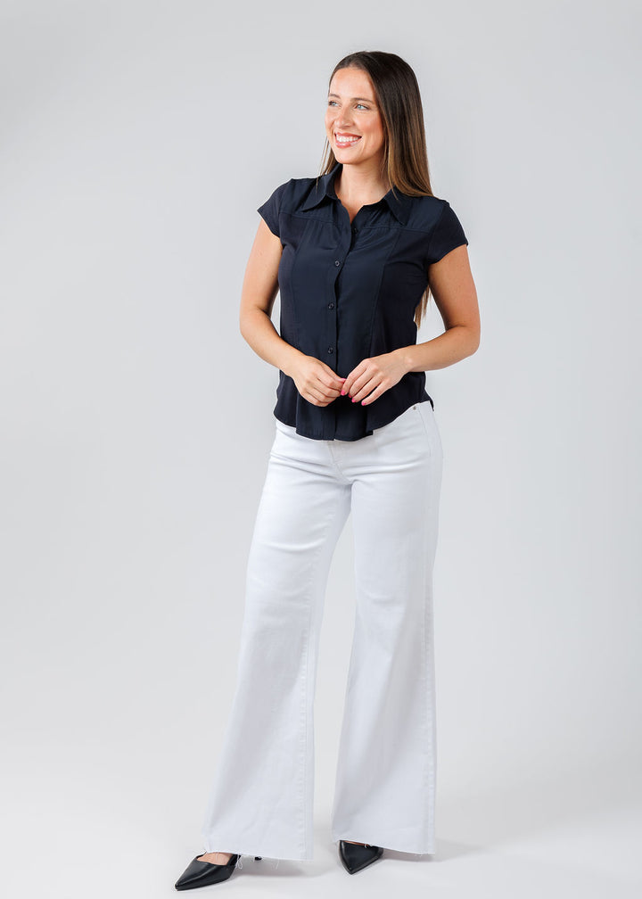 Lola & Sophie Hybrid Cap Sleeve Shirt in Nightwatch paired with Pistola Denim Izzy Mid Rise Wide Leg Crop Jeans in Vivid White available at Barbara Katz