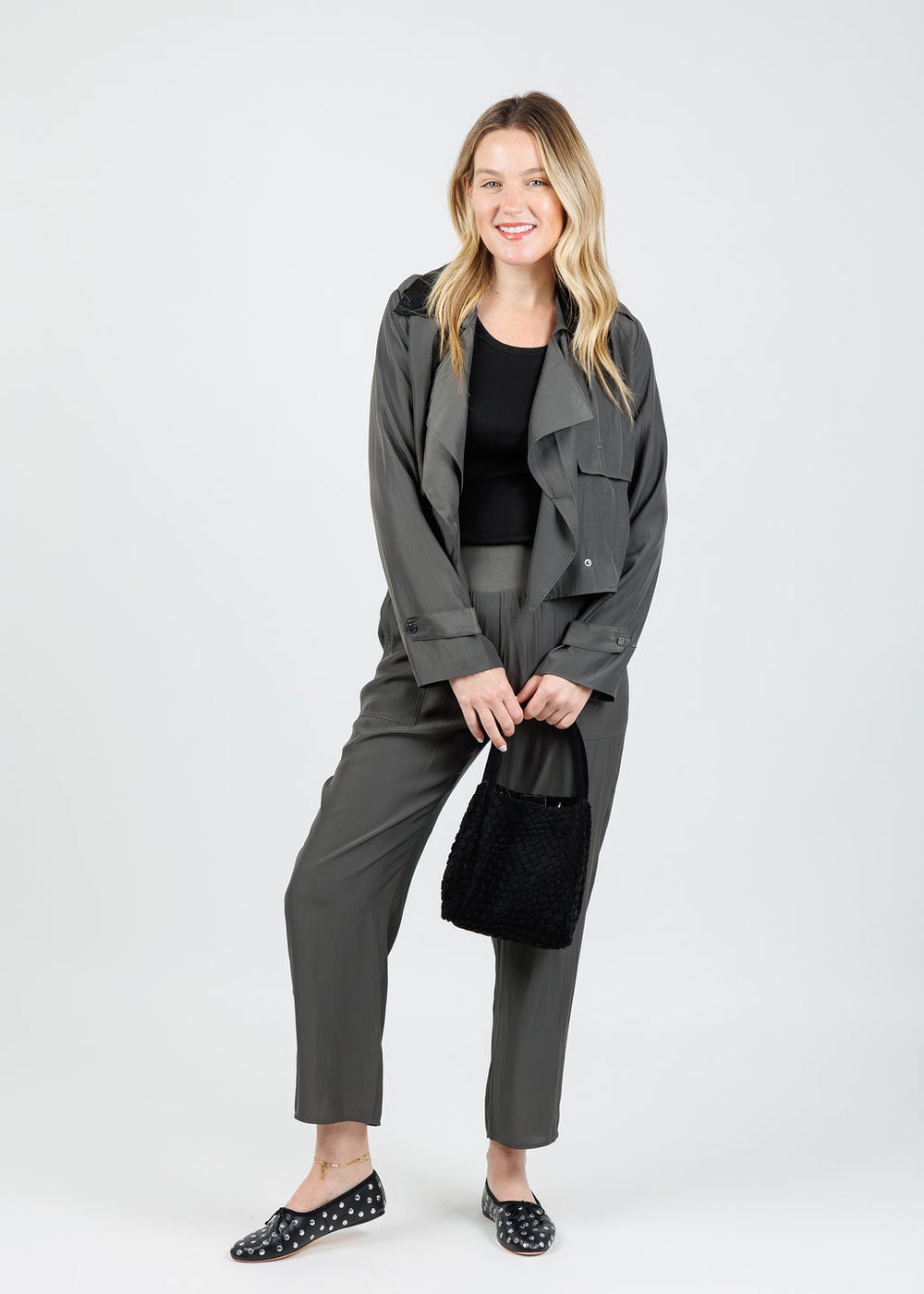 Lola & Sophie Jessie Vegan Collar Satin Jacket in Dark Olive paired with matching D Satin Crop Pants in Dark Olive available at Barbara Katz