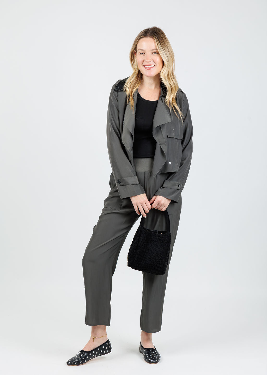 Lola & Sophie Jessie Vegan Collar Satin Jacket in Dark Olive paired with matching D Satin Crop Pants in Dark Olive available at Barbara Katz