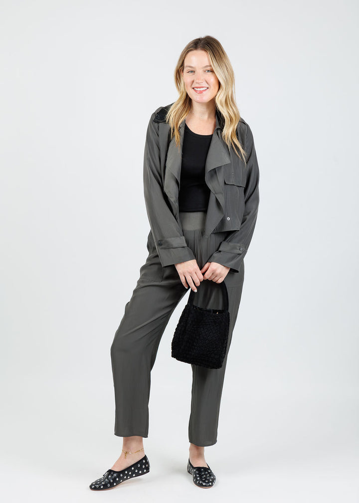 Lola & Sophie Jessie Vegan Collar Satin Jacket in Dark Olive paired with matching D Satin Crop Pants in Dark Olive available at Barbara Katz