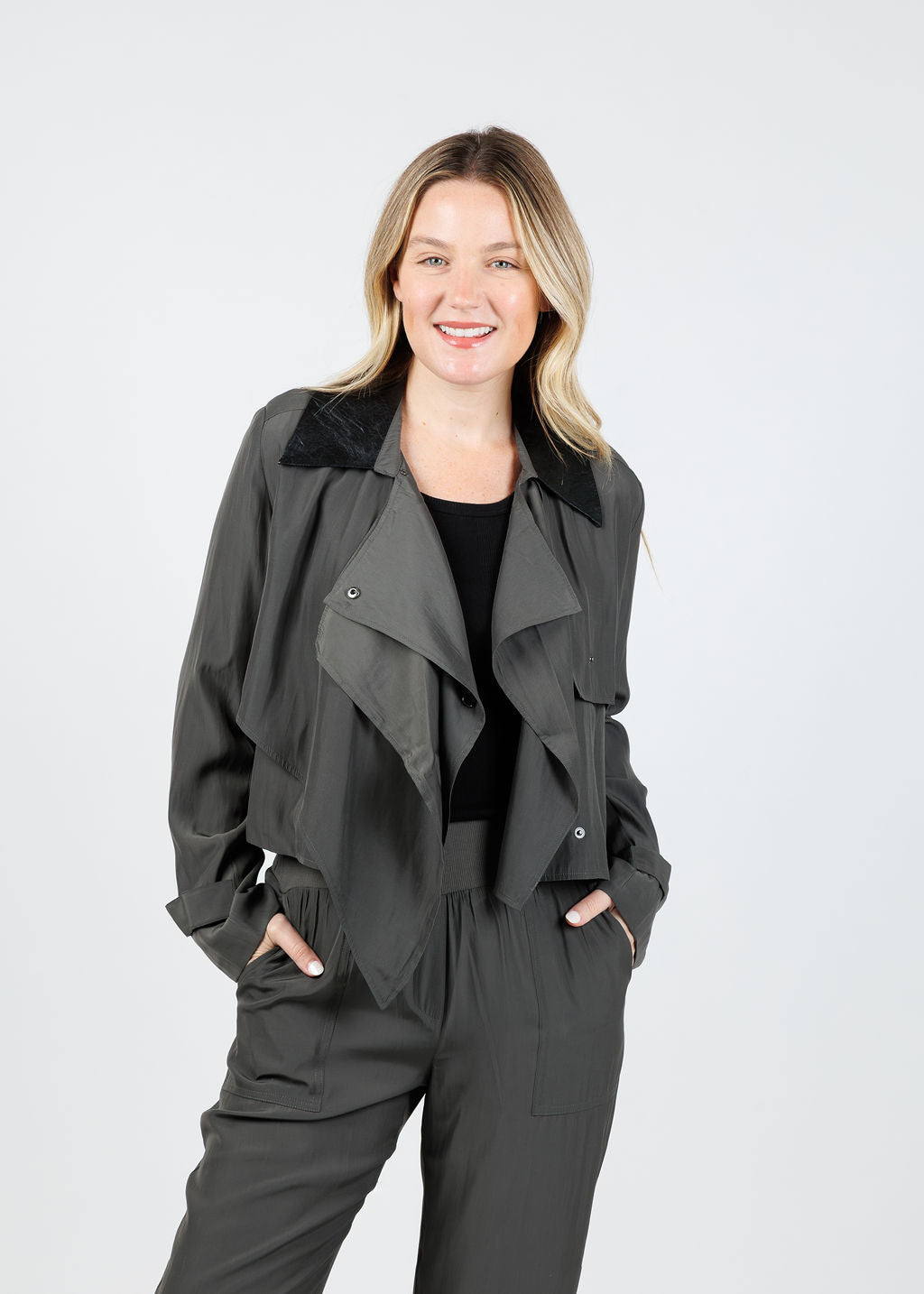 Lola & Sophie Jessie Vegan Collar Satin Jacket in Dark Olive available at Barbara Katz