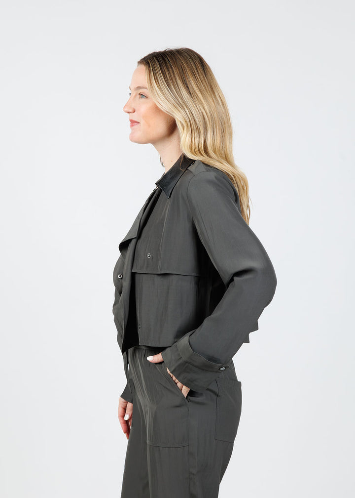 Lola & Sophie Jessie Vegan Collar Satin Jacket in Dark Olive available at Barbara Katz