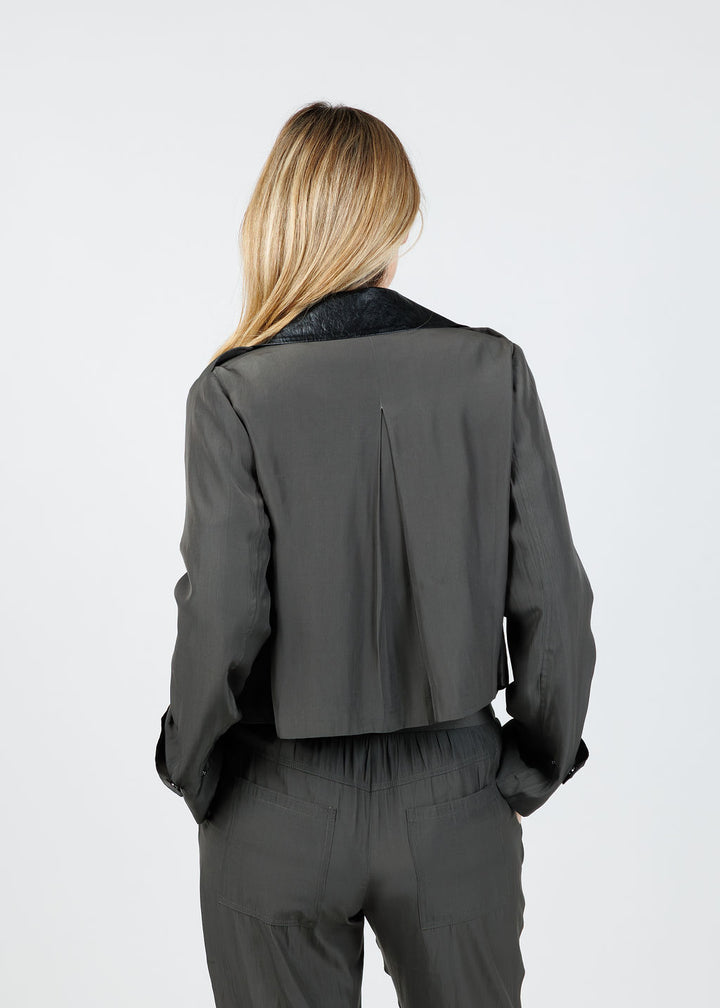 Lola & Sophie Jessie Vegan Collar Satin Jacket in Dark Olive available at Barbara Katz