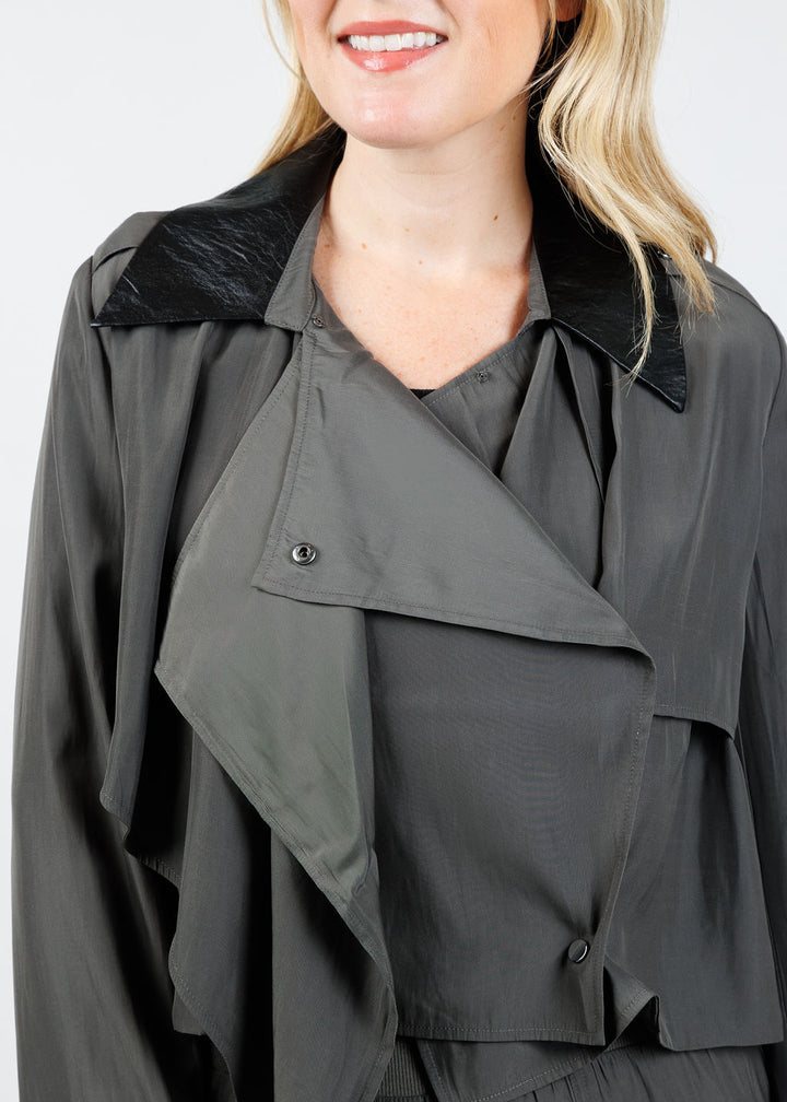 Lola & Sophie Jessie Vegan Collar Satin Jacket in Dark Olive available at Barbara Katz