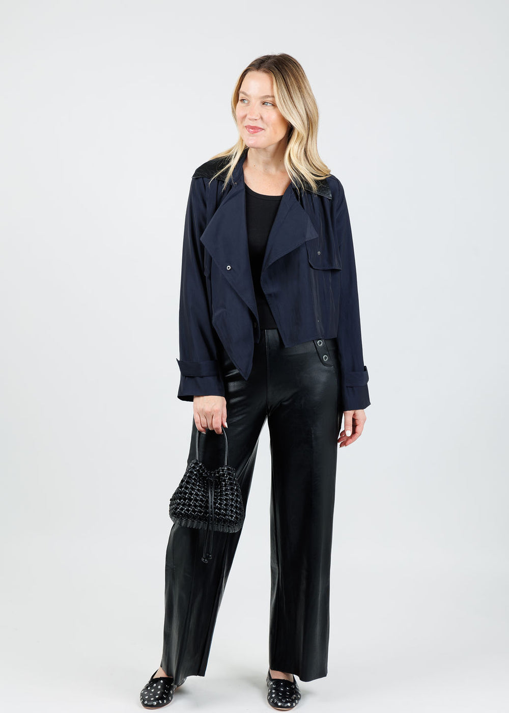 Lola & Sophie Jessie Vegan Collar Satin Jacket in Nightwatch available at Barbara Katz