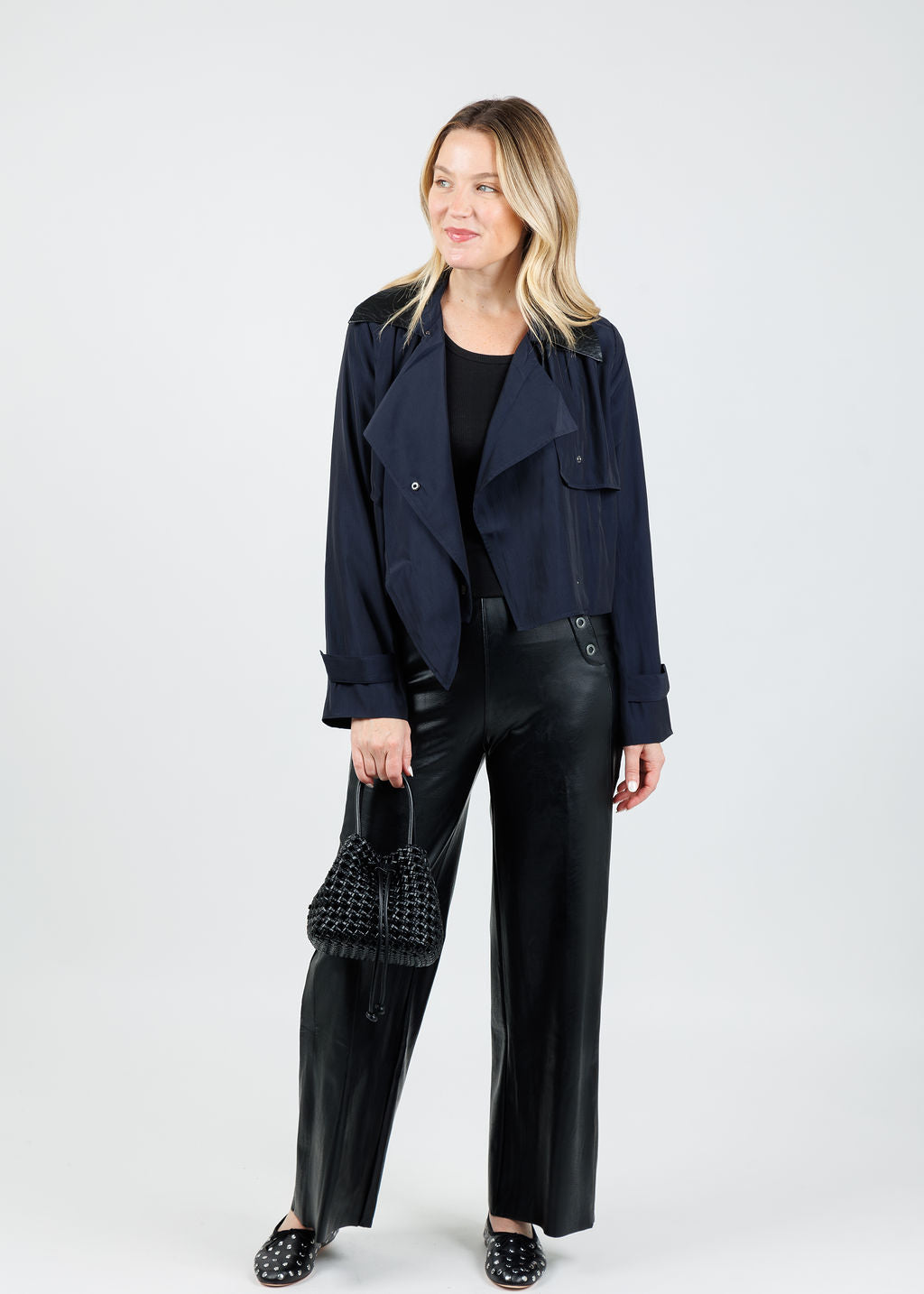 Lola & Sophie Jessie Vegan Collar Satin Jacket in Nightwatch available at Barbara Katz
