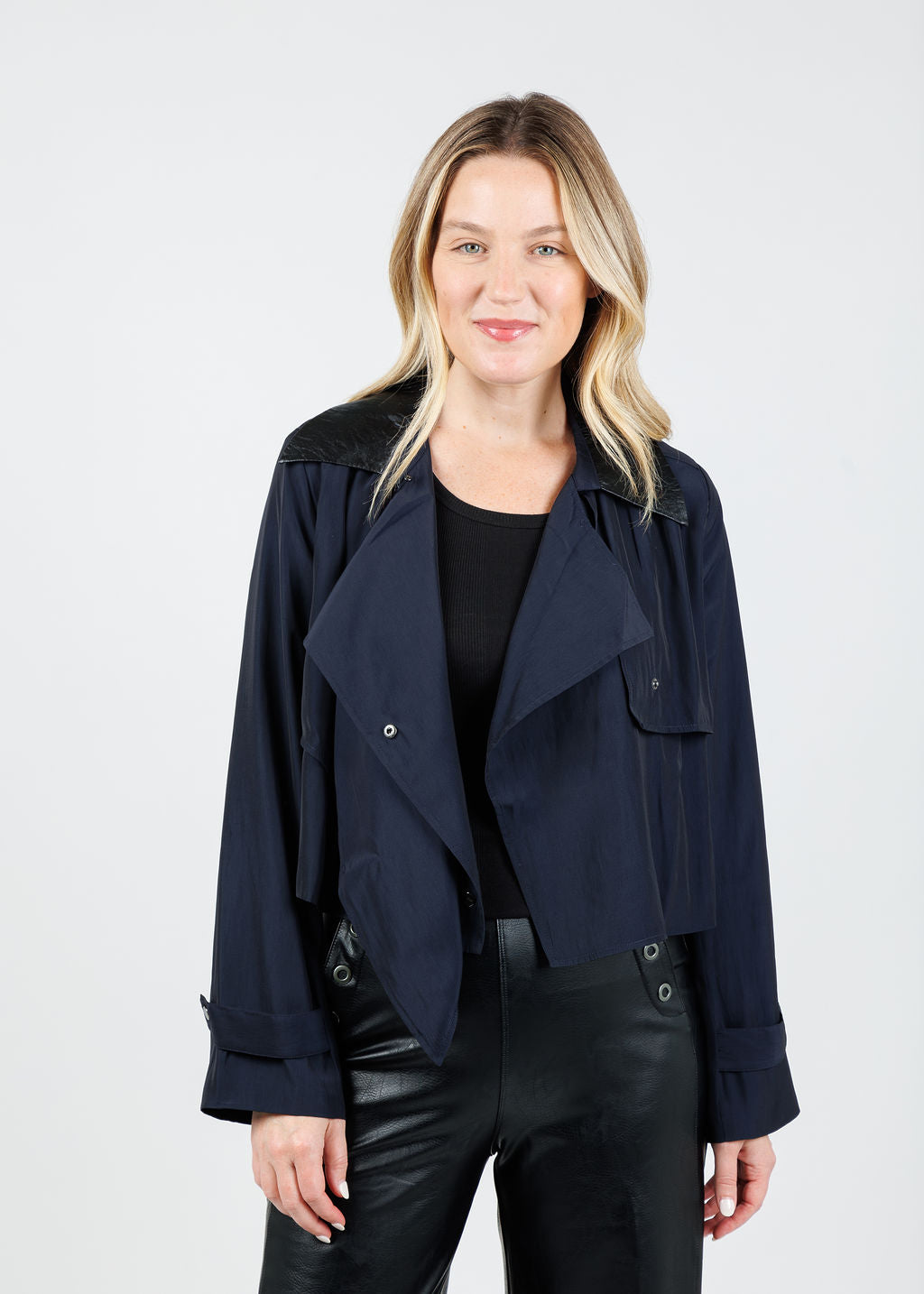 Lola & Sophie Jessie Vegan Collar Satin Jacket in Nightwatch available at Barbara Katz