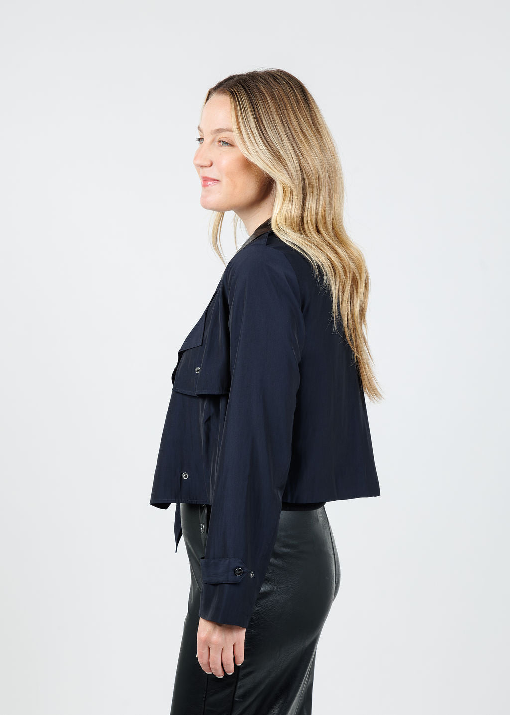 Lola & Sophie Jessie Vegan Collar Satin Jacket in Nightwatch available at Barbara Katz
