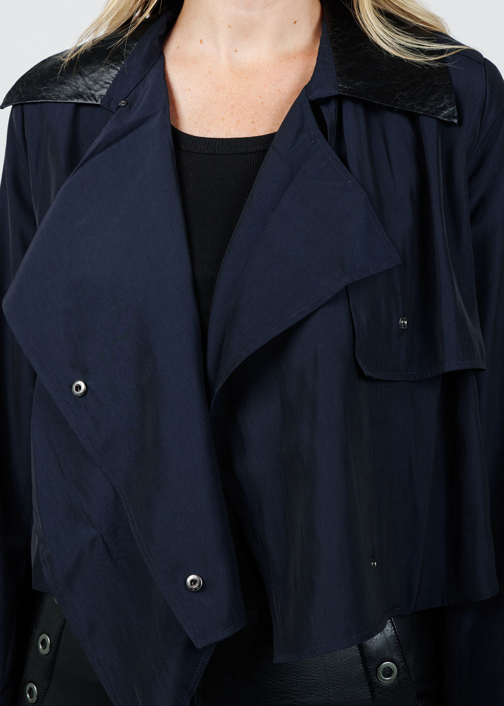 Lola & Sophie Jessie Vegan Collar Satin Jacket in Nightwatch available at Barbara Katz