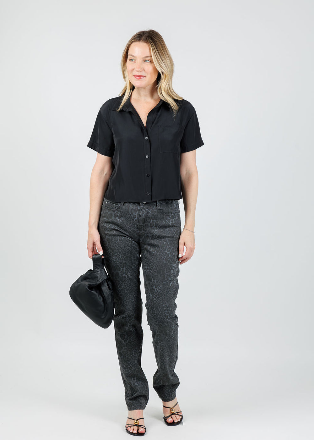 Lola & Sophie Lexi Satin Crop Shirt in Black available at Barbara Kat