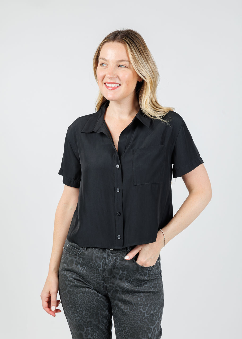 Lola & Sophie Lexi Satin Crop Shirt in Black available at Barbara Kat