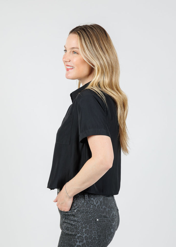 Lola & Sophie Lexi Satin Crop Shirt in Black available at Barbara Kat