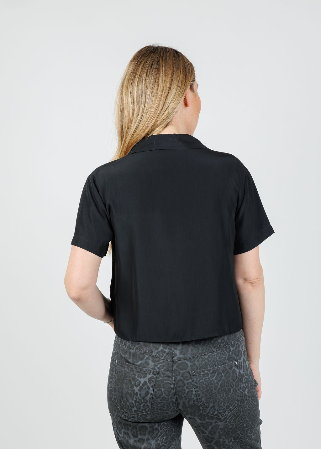 Lola & Sophie Lexi Satin Crop Shirt in Black available at Barbara Kat