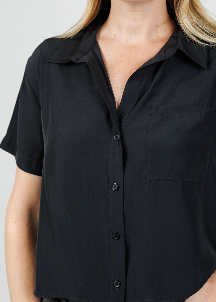 Lola & Sophie Lexi Satin Crop Shirt in Black available at Barbara Kat