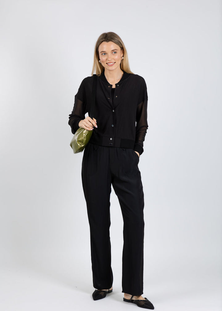 Lola & Sophie Mesh Bomber Jacket & D Satin Pants in Black available at Barbara Katz