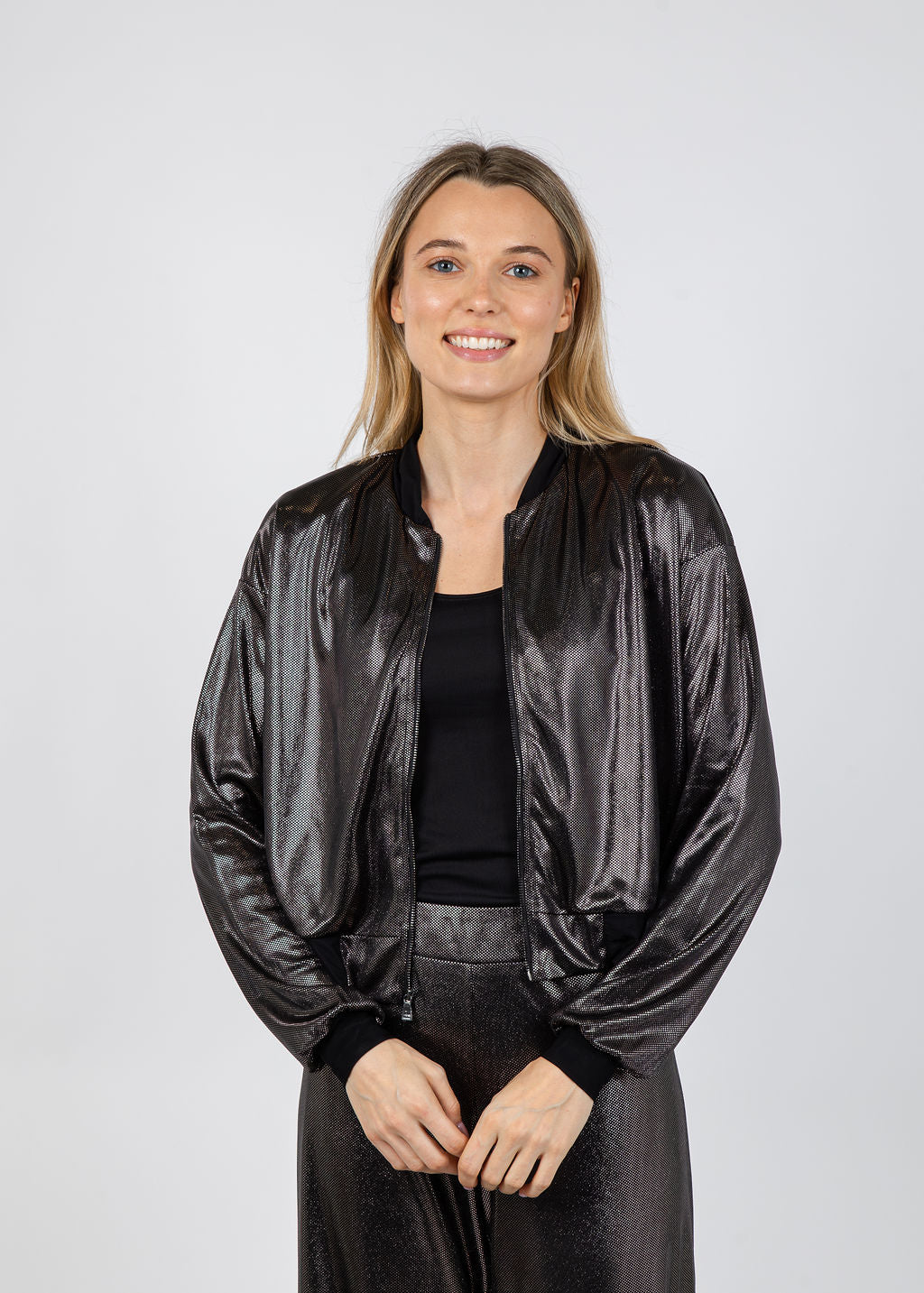 Lola & Sophie Metallic Dot Bomber Jacket in Black available at Barbara Katz