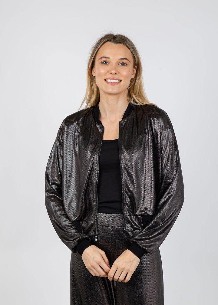Lola & Sophie Metallic Dot Bomber Jacket in Black available at Barbara Katz